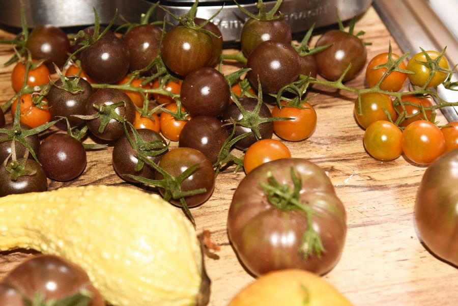 Cherry and heirloom tomatoes with yellow squash on a wooden board.